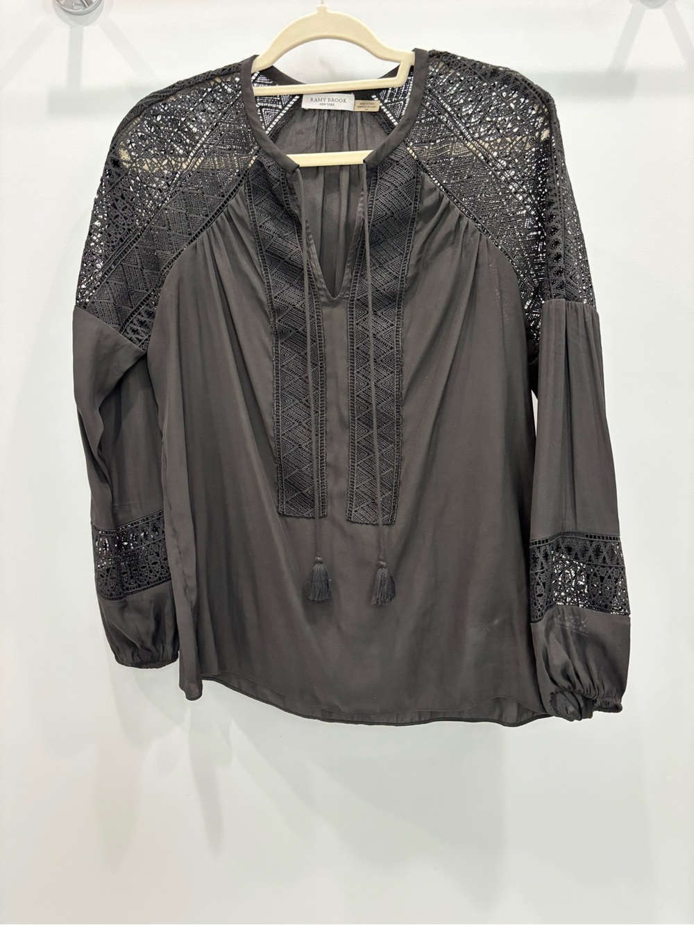 Ramy Brook Charcoal Crochet-Trim Tie-Neck Blouse